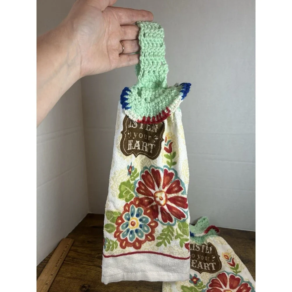 Set (2) Listen To Your Heart Floral Hanging Kitchen Towels Crochet Top Boho Home